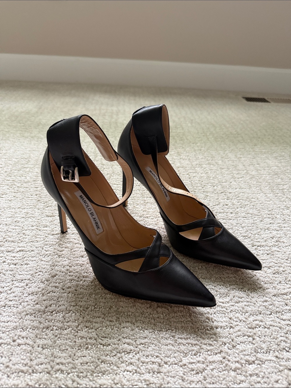Manolo Blahnik Black Leather Pointed-Toe Ankle-Strap Pumps with Crisscross Vamp